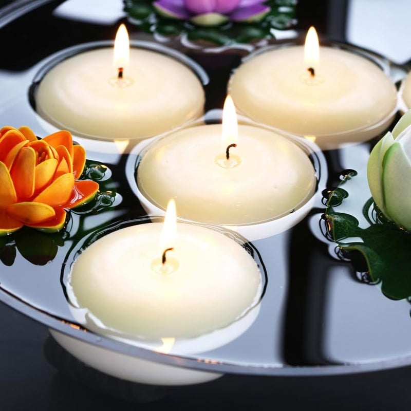 qinxiang 24 Pack Floating Candles, 3” Ivory Unscented Dripless Wax Burning Candles, for Cylinder Vases, Weddings, Party and Holiday … - Image 3